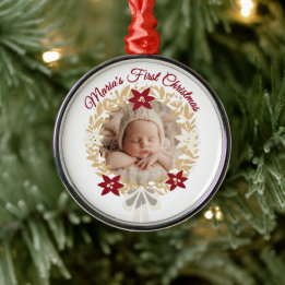 Baby’s First Christmas Gold Wreath Metal Ornament