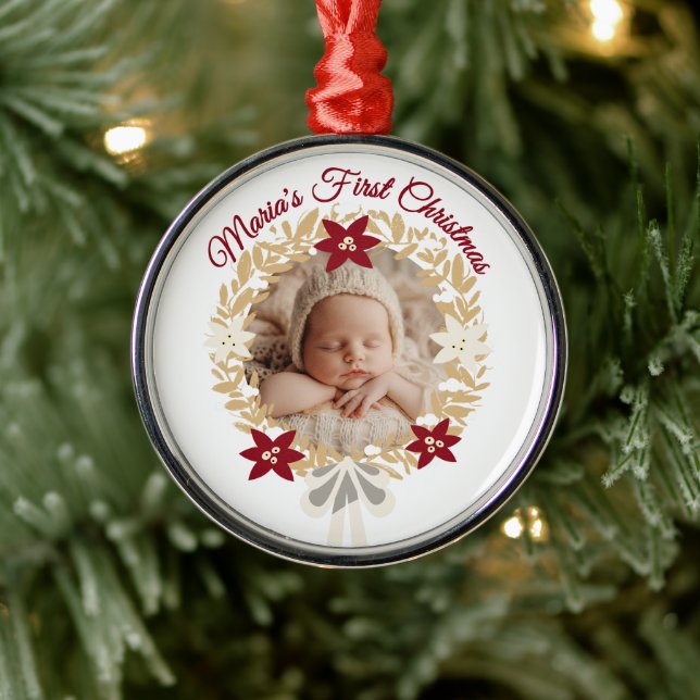 Baby’s First Christmas Gold Wreath  Metal Ornament (Tree)