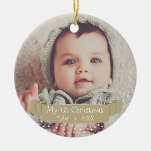 Baby`s First Christmas Golden Ribbon Photo Ceramic Ornament