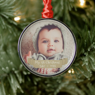Baby`s First Christmas Golden Ribbon Photo Metal Ornament