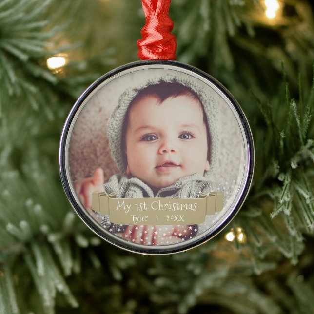 Baby`s First Christmas Golden Ribbon Photo Metal Ornament (Tree)