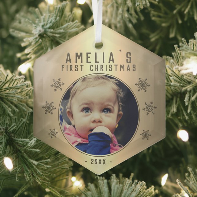 Baby`s First Christmas Golden Snowflake Photo  Glass Tree Decoration (Insitu)