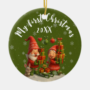 Baby’s First Christmas Green - Cute Holiday Gnomes Ceramic Ornament