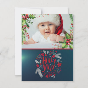Baby’s First Christmas, Holly Berries, Photo,Green Holiday Card