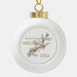 Baby`s First Christmas Holly Winter Foliage Ceramic Ball Christmas Ornament
