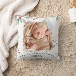 Baby`s First Christmas Holly Winter Foliage Photo Cushion