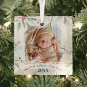 Baby`s First Christmas Holly Winter Foliage Photo Glass Tree Decoration