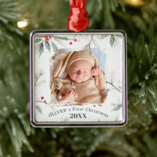 Baby`s First Christmas Holly Winter Foliage Photo Metal Ornament