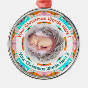 Baby’s First Christmas Orange Blue Pink Photo Gift Metal Ornament