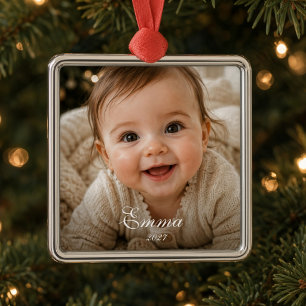 Baby’s First Christmas Personalised Baby Photo  Metal Ornament