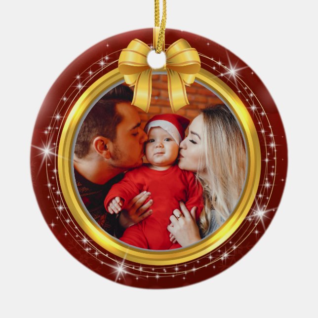 Baby’s First Christmas Photo and Red Snowflake Ceramic Ornament (Front)