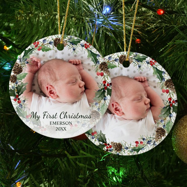 Baby’s First Christmas Photo Holiday Wreath Ceramic Ornament (Creator Uploaded)