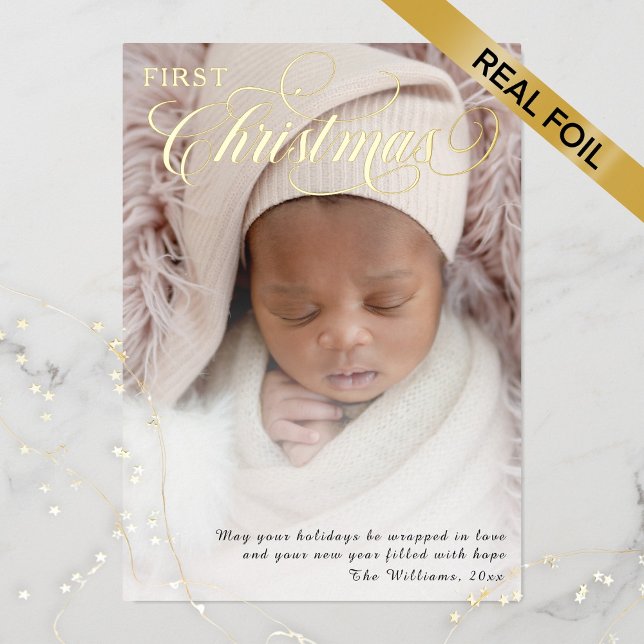 Baby’s First Christmas Photo Script Foil Holiday Card (Creator Uploaded)