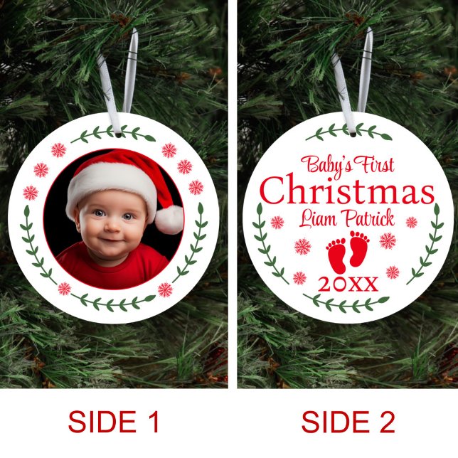Baby’s First Christmas Photo Snowflakes and Laurel Ceramic Ornament (Creator Uploaded)