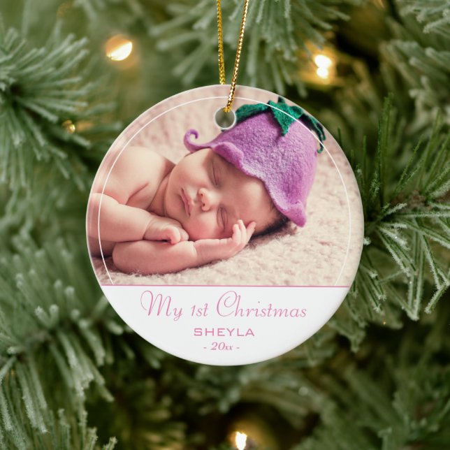 Baby`s First Christmas Pink Baby Girl Photo Ceramic Ornament (Tree)