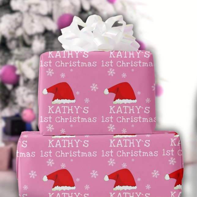 Baby`s First Christmas Pink Santa Hat Snowflake  Wrapping Paper (Creator Uploaded)