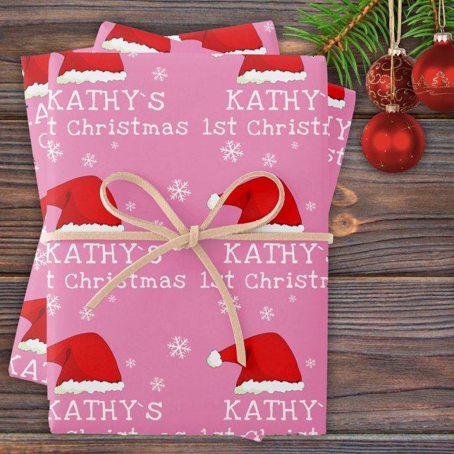 Baby`s First Christmas Pink Santa Hat Snowflake Wrapping Paper Sheet (Creator Uploaded)