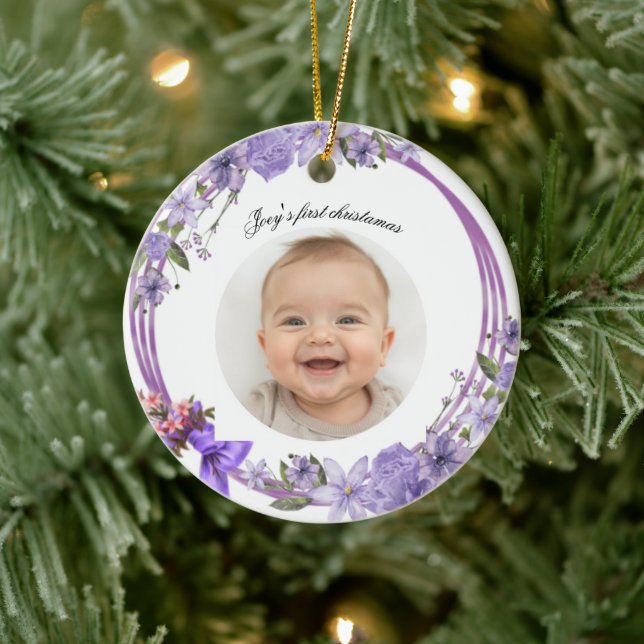 Baby’s First Christmas – Purple Floral Wreath Ceramic Ornament (Tree)