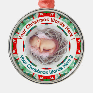 Baby’s First Christmas Red Green Family Photo Gift Metal Ornament