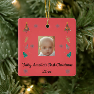 Baby’s First Christmas Red Green Photo Ornament