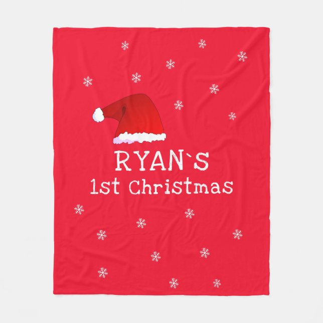 Baby`s First Christmas Red Santa Hat Snowflake Fleece Blanket (Front)
