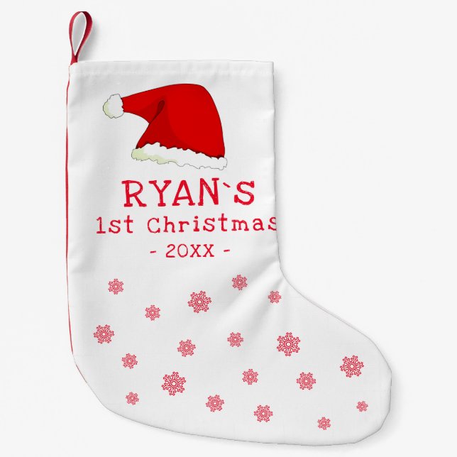 Baby`s First Christmas Red Santa Hat Snowflake Small Christmas Stocking (Front)
