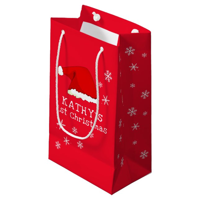 Baby`s First Christmas Red Santa Hat Snowflake Small Gift Bag (Front Angled)