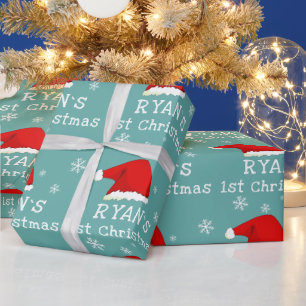 Baby`s First Christmas Red Santa Hat Snowflake Wrapping Paper
