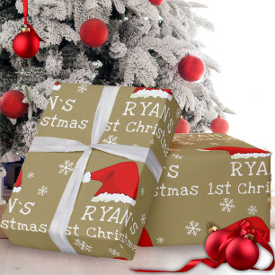 Baby`s First Christmas Red Santa Hat Snowflake Wrapping Paper