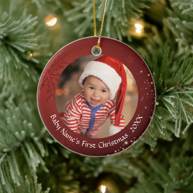 Baby’s First Christmas Red Snowflake 2-Photo Ceramic Ornament (Tree)