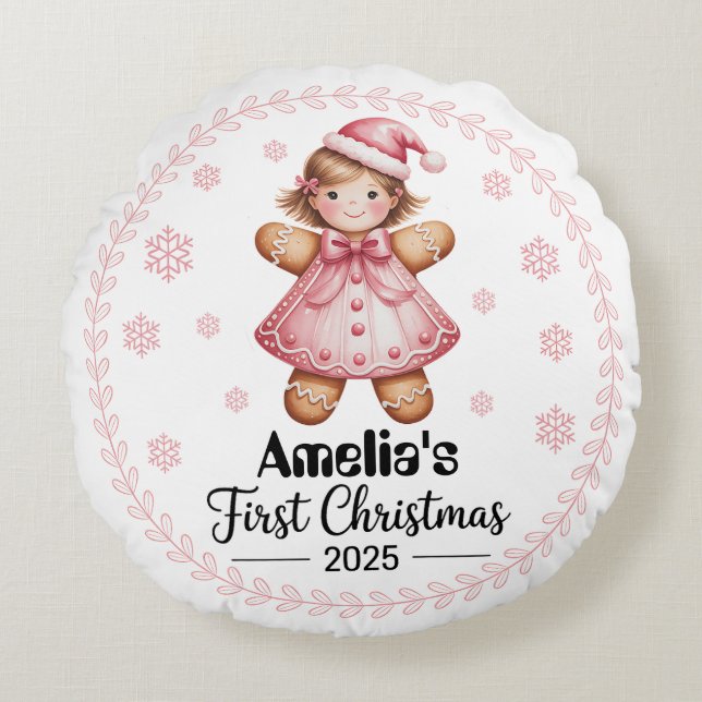 “Baby’s First Christmas Round Pillow-Editable Round Cushion (Front)