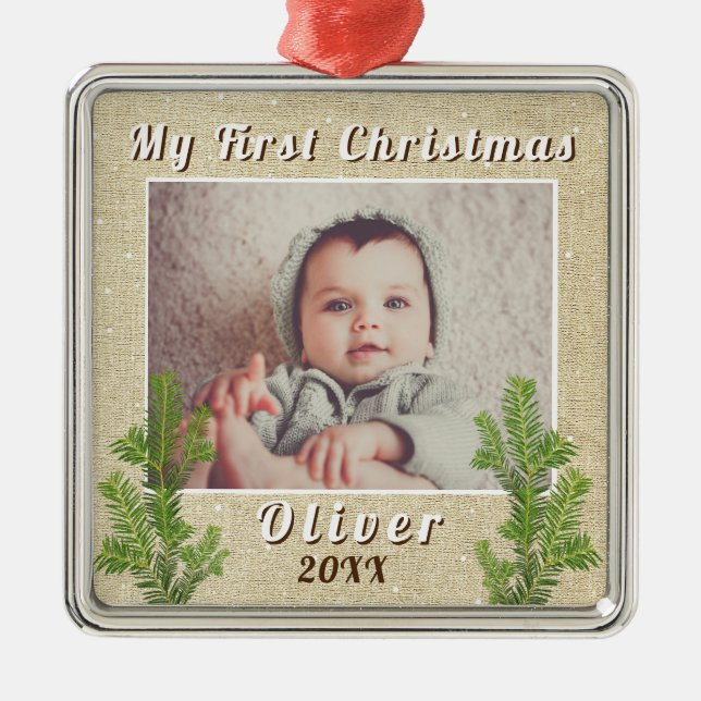 Baby`s First Christmas Rustic Metal Ornament (Front)