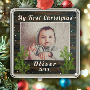 Baby`s First Christmas Rustic Wood Metal Ornament