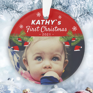 Baby`s First Christmas Santa Hat Pine Photo Ornament