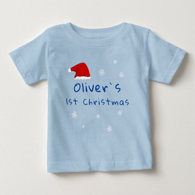 Baby`s First Christmas Santa Hat Snowflake Blue Baby T-Shirt (Front)
