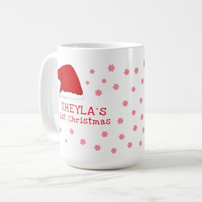 Baby`s First Christmas Santa Hat Snowflake Coffee Mug (Front Left)