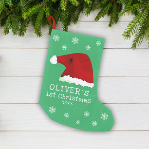 Baby`s First Christmas Santa Hat Snowflake Green Small Christmas Stocking