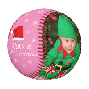 Baby`s First Christmas Santa Hat Snowflake Photo Baseball