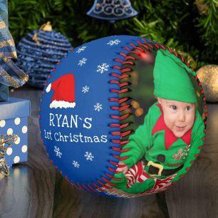 Baby`s First Christmas Santa Hat Snowflake Photo Baseball
