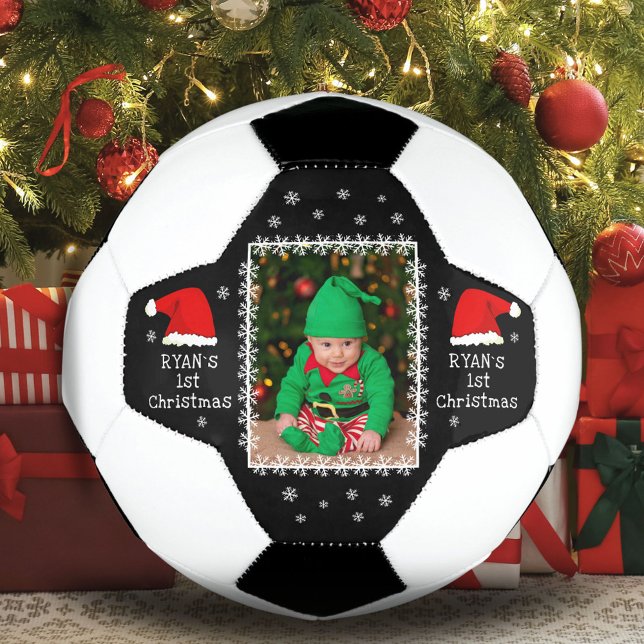 Baby`s First Christmas Santa Hat Snowflake Photo Soccer Ball (Creator Uploaded)