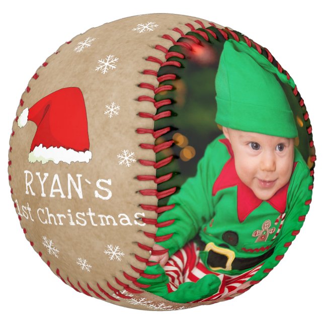 Baby`s First Christmas Santa Hat Snowflake Photo Softball (Angled)