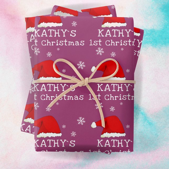 Baby`s First Christmas Santa Hat Snowflake Purple Wrapping Paper Sheet (Creator Uploaded)