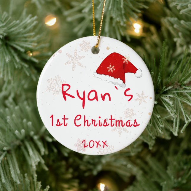 Baby`s First Christmas Santa Hat Snowflakes Photo Ceramic Ornament (Tree)