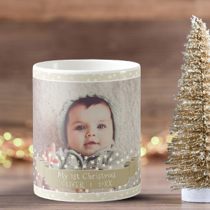 Baby`s First Christmas Stars Ribbon Full Photo Coffee Mug