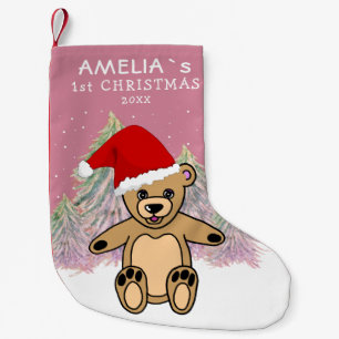Baby`s First Christmas Teddy Bear Sant Hat Small Christmas Stocking