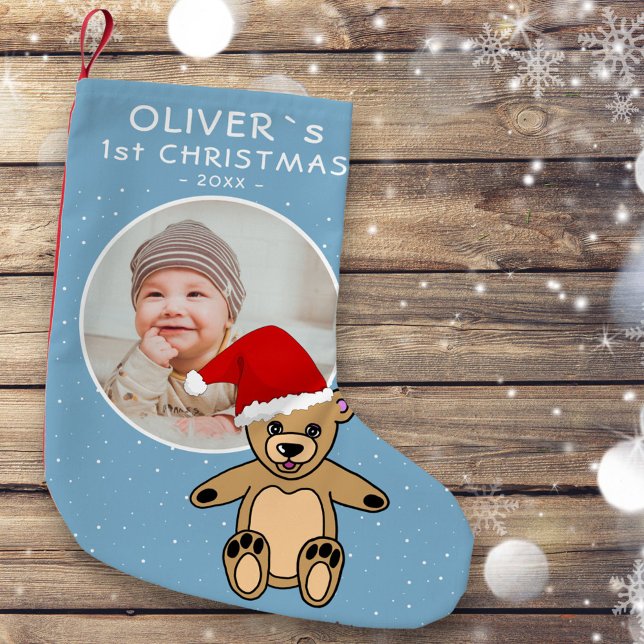 Baby`s First Christmas Teddy Bear Santa Hat Photo Small Christmas Stocking (Creator Uploaded)
