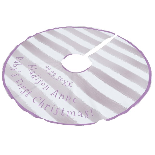 Baby’s First Christmas Typography Purple Girly Faux Linen Tree Skirt (Angled)