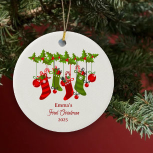Baby’s First Christmas with Colourful Stockings Ceramic Ornament