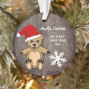 Baby`s First Christmas Wood Teddy Bear Santa Hat   Ornament