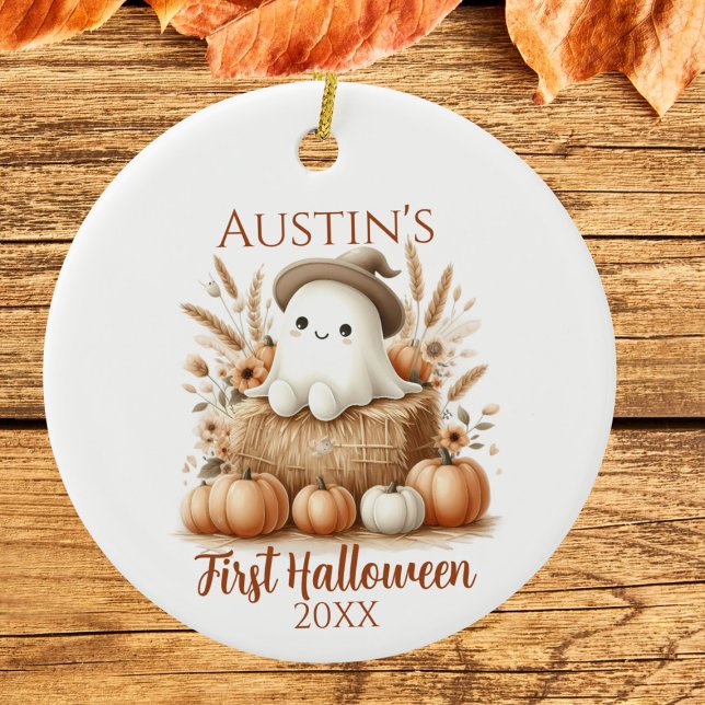 Baby’s First Halloween Ghost with Pumpkins Ceramic Ornament (Baby's First Halloween Boho Ghost & Pumpkin Ornament)